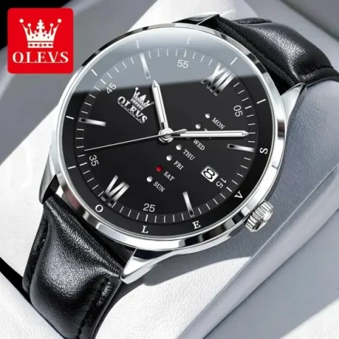 Olevs 2931 Leather Watch For Men-Black Silver