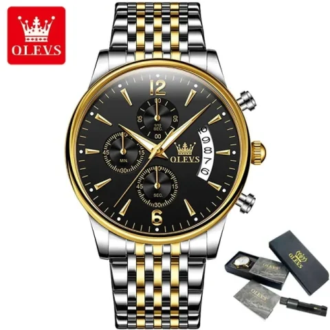 OLEVS 2867 Stainless Steel Chronograph Watch For Men-Golden Silver and Black