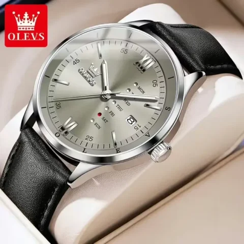 Olevs 2931 Leather Watch For Men-Black Gray