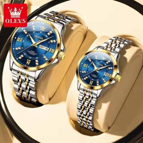 Olevs 3620 Watch For Couple – Golden Silver and Blue