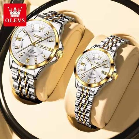 Olevs 3620 Watch For Couple – Golden Silver and White