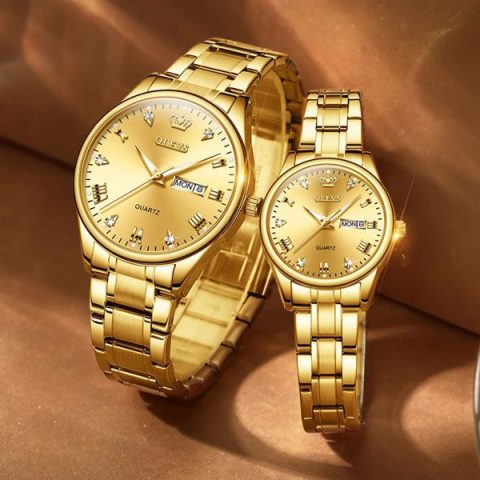 Olevs 5563 Couple Wrist Watch-Golden