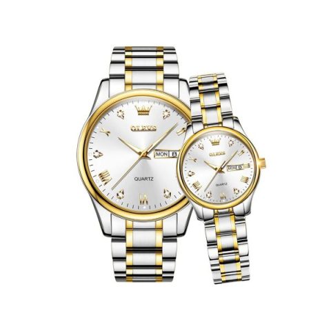Olevs 5563 Couple Wrist Watch-Golden Silver White
