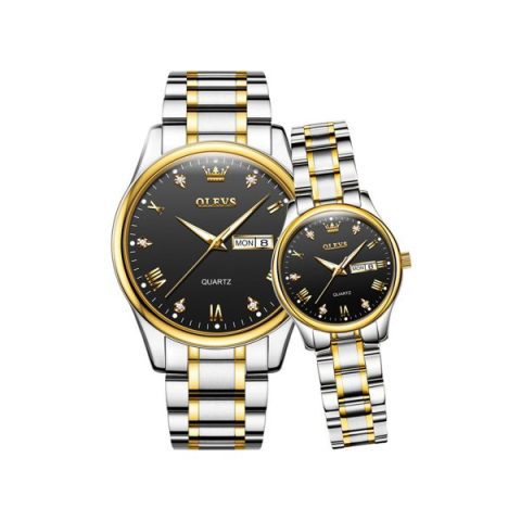 Olevs 5563 Couple Wrist Watch-Golden Silver Black