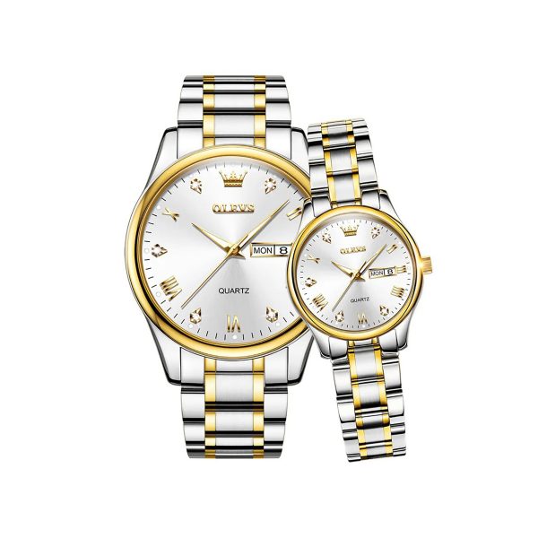 Olevs 5563 Couple Wrist Watch-Golden Silver White