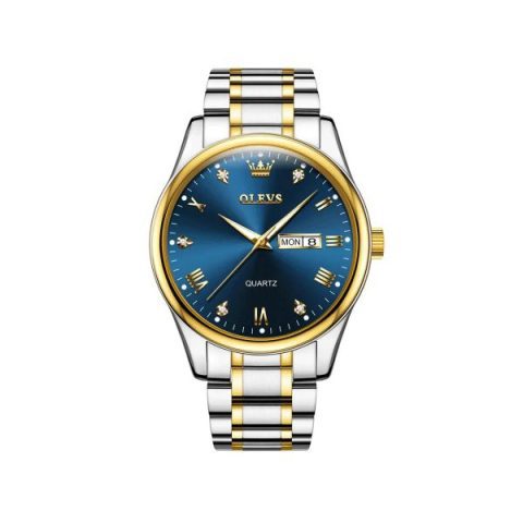 Olevs 5563 Stainless Steel Watch for Men- Silver Gold & Blue