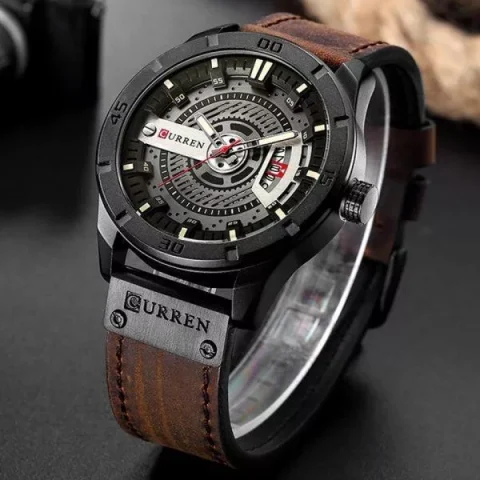 CURREN 8301 PU Leather Quartz Watch for Men-Dark Brown