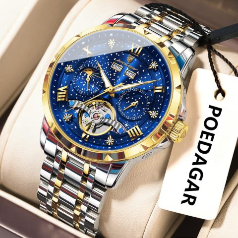 POEDAGAR 1420 Tourbillon Automatic Mechanical Watch for Men - Golden Blue