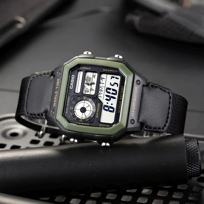 CASIO AE-1200WHB-1BV Military-Style Digital Watch with Black Nylon Strap 2 Wrist shot of Casio AE-1200WHB-1BV tactical watch with black nylon fabric band