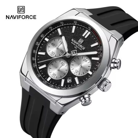 Naviforce 8080 Silver Case Black Dial Men's Watch with Black Silicone Strap