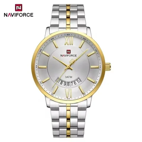 Naviforce 9238 watch for men-Siver Gold
