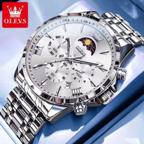 OLEVS 3653 Moon Phase Men’s Watch - Silver