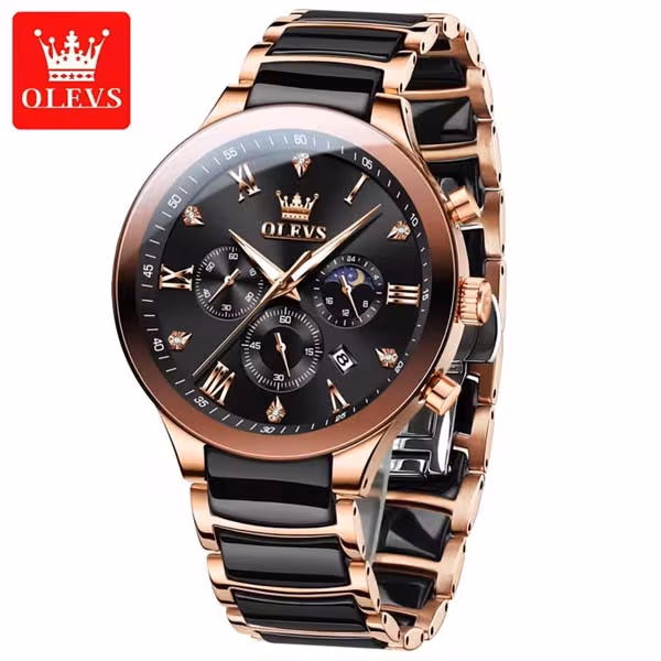 OLEVS 7004 Chronograph Moonphase Original Ceramic Watch For Men – Silver Rose