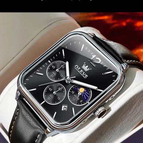 Olevs 9914 leather Strap Watch for Men-Silver Black
