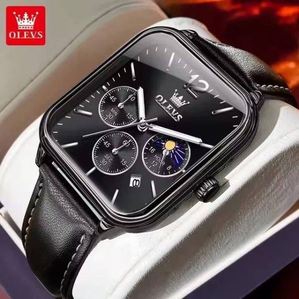 Olevs 9914 leather Strap Watch for Men-Full Black