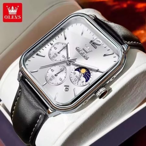 Olevs 9914 leather Strap Watch for Men-Silver