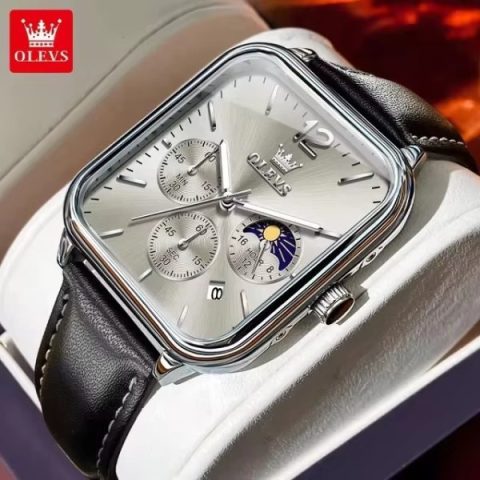 Olevs 9914 leather Strap Watch for Men-Silver Gray