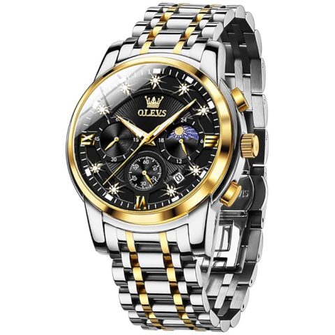 OLEVS 2951 silver and gold stainless steel watch with moon phase dial and luminous markers.