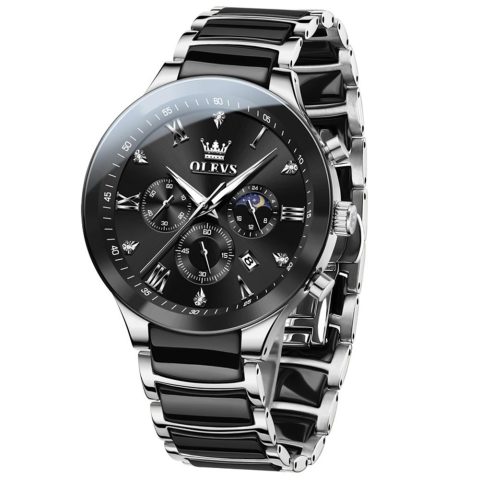OLEVS 7004 Chronograph Moonphase Original Ceramic Watch For Men – Silver Black