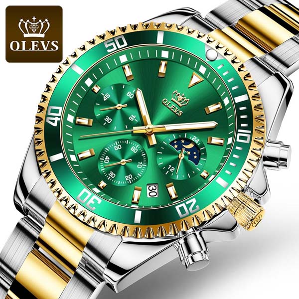 OLEVS 2870 Watch for Men - Silver Golden Green 1 OLEVS 2870 Watch for Men - Silver Golden Green