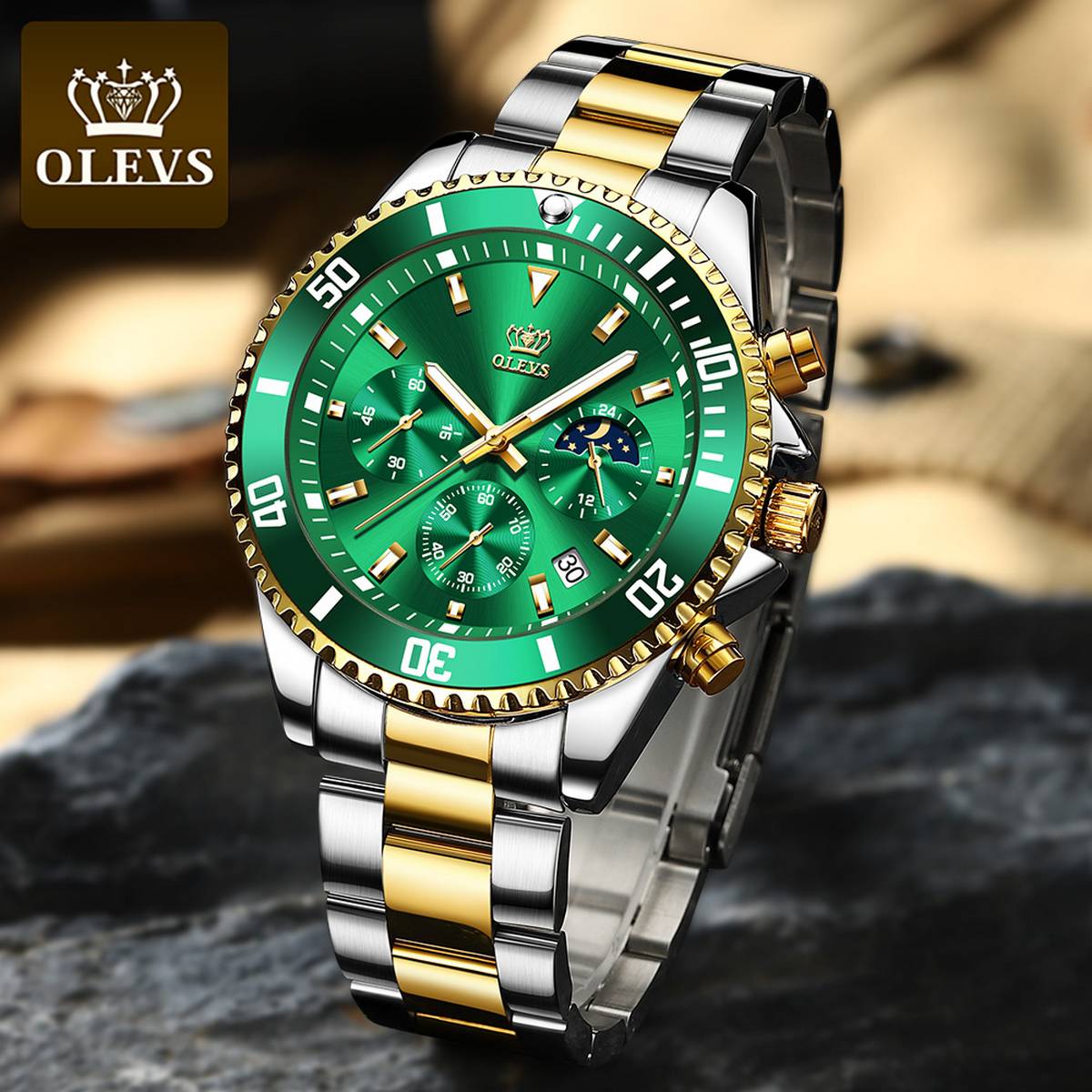 OLEVS 2870 Watch for Men - Silver Golden Green OLEVS 2870 Watch for Men - Silver Golden Green