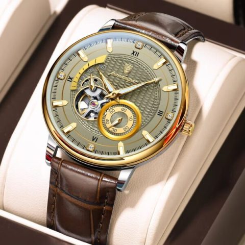 Poedagar 1416 Automatic Mechanical Leather Belt Watch For Men - Gold Grey
