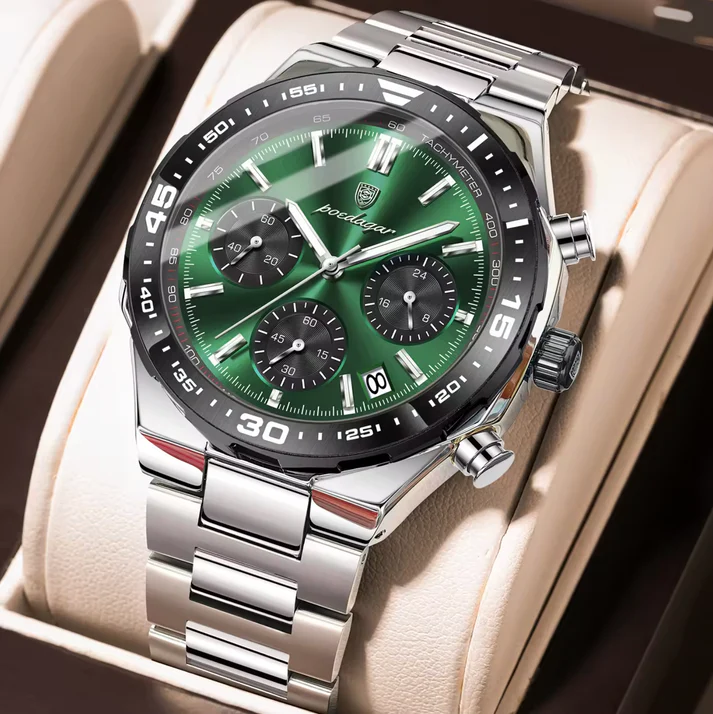 POEDAGAR 697 Men’s Luxury Quartz Chronograph Watch Silver Green POEDAGAR 697 Men’s Chronograph Watch - Silver Green
