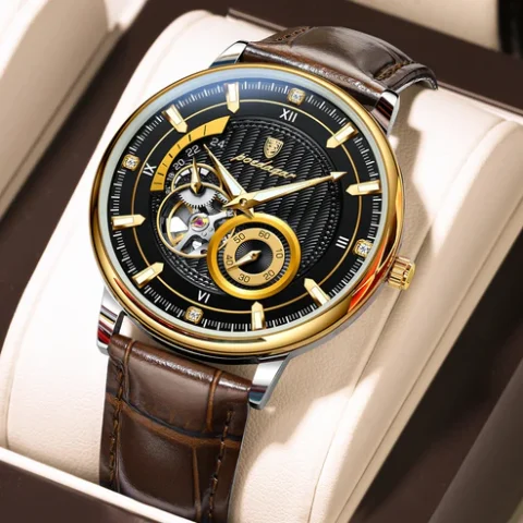 Poedagar 1416 Automatic Mechanical Watch For Men - Black Dial Choclete Belt
