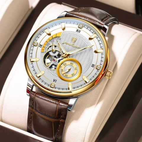 Poedagar 1416 Automatic Mechanical Watch For Men - White Dial Choclete Belt